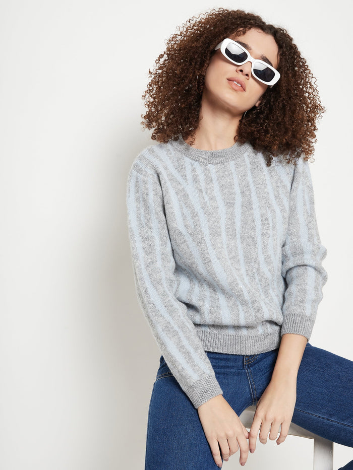 Madame Grey Round Neck Printed Sweater