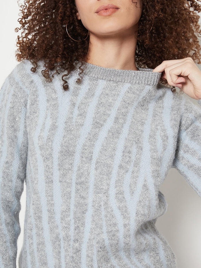 Madame Grey Round Neck Printed Sweater