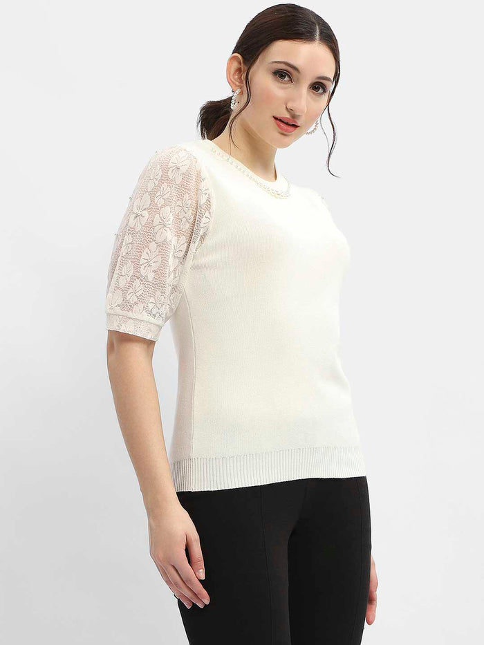Madame Lace Adorned Beige Embellished Neck Top