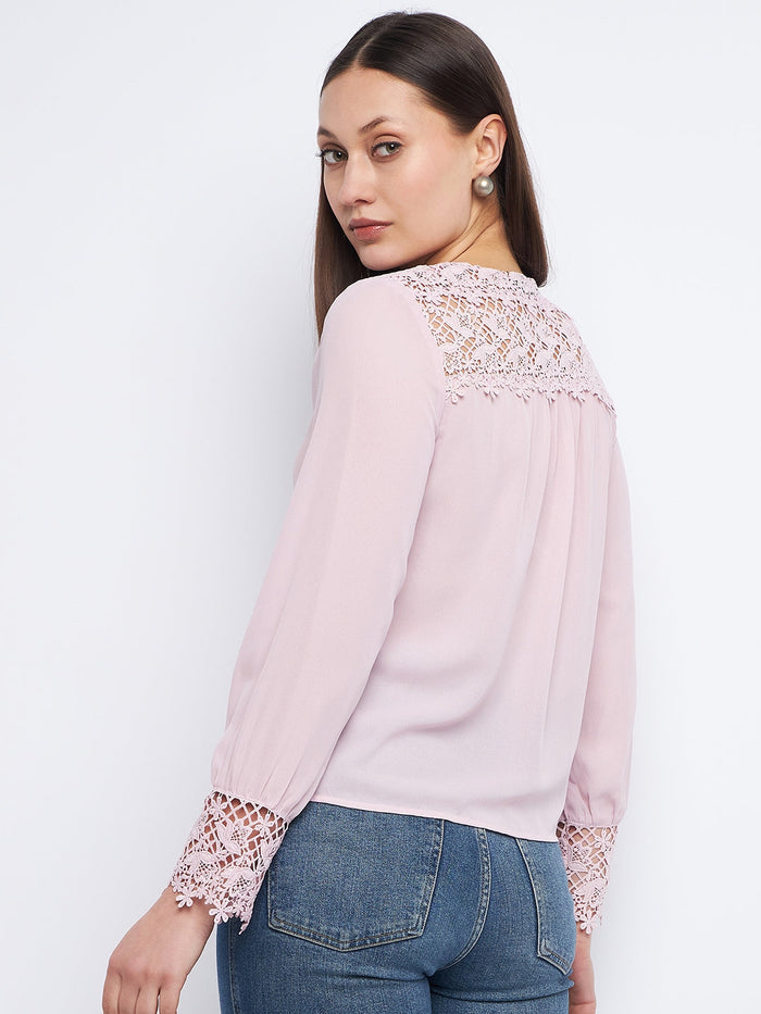 Madame Lace Detailed Onion Pink V-Neck Shirt