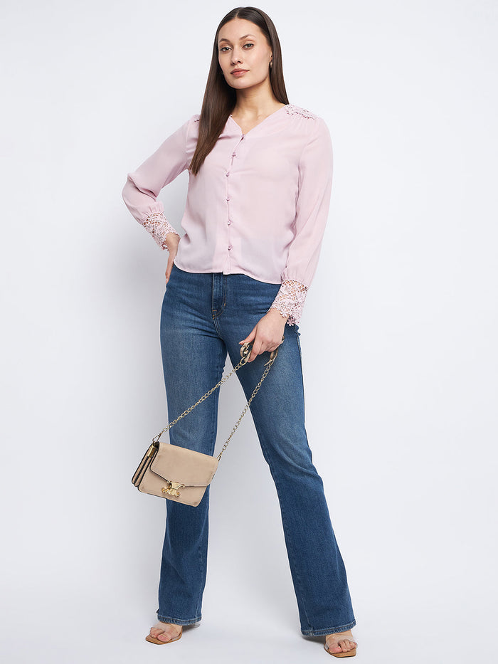 Madame Lace Detailed Onion Pink V-Neck Shirt