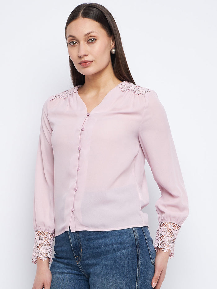 Madame Lace Detailed Onion Pink V-Neck Shirt