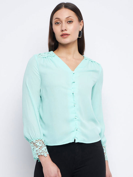 Madame Lace Detailed Sea Green V-Neck Shirt