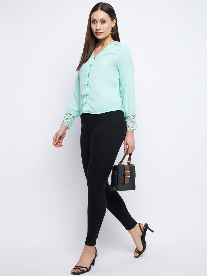 Madame Lace Detailed Sea Green V-Neck Shirt