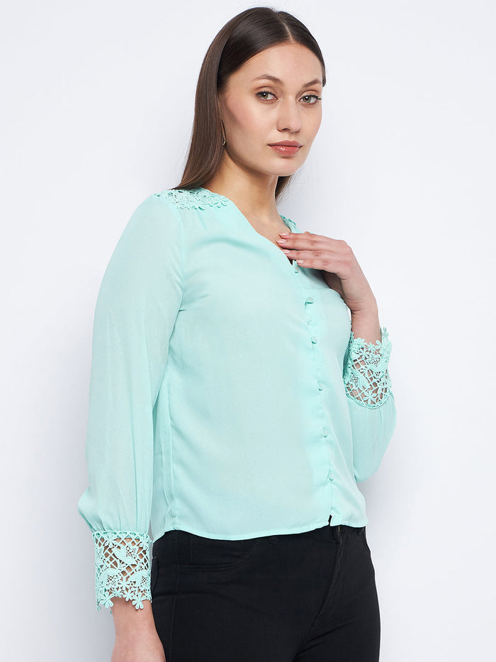 Madame Lace Detailed Sea Green V-Neck Shirt