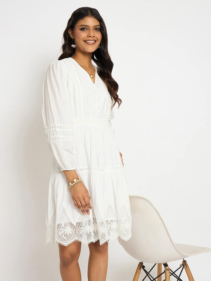 Madame Lace Detailed White Rayon Blend Dress