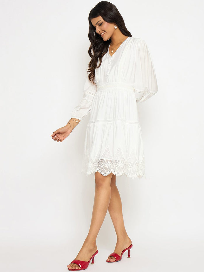 Madame Lace Detailed White Rayon Blend Dress