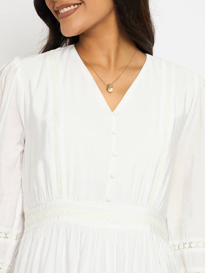 Madame Lace Detailed White Rayon Blend Dress