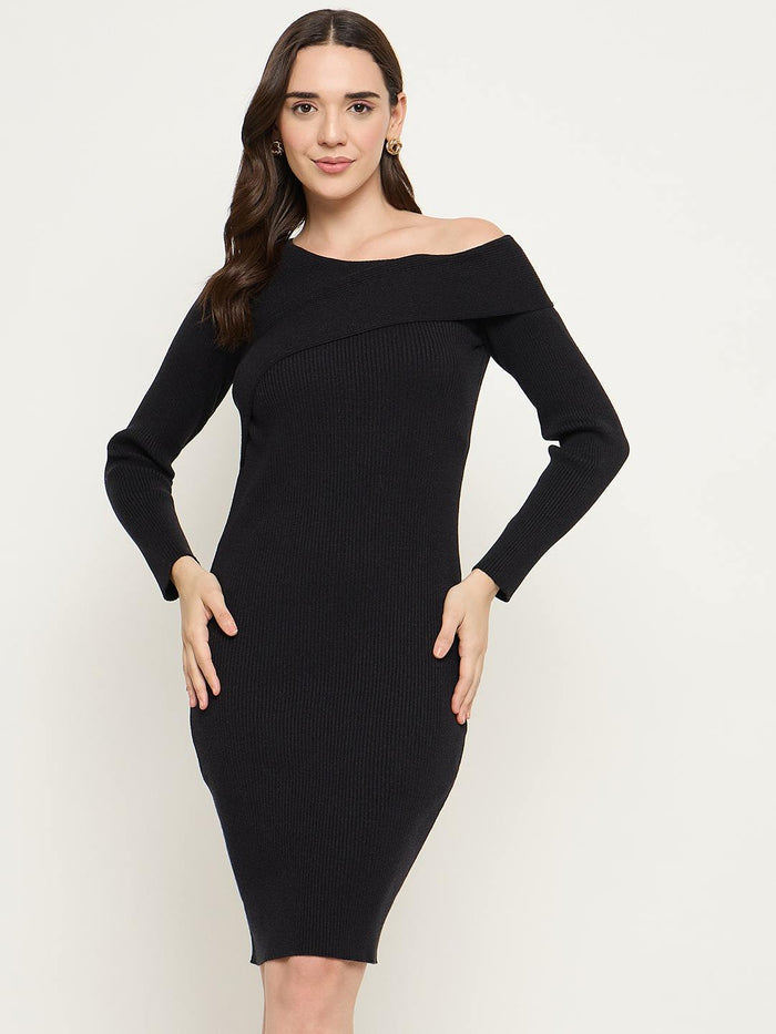 Madame Neck Overlap Black Knit Dress