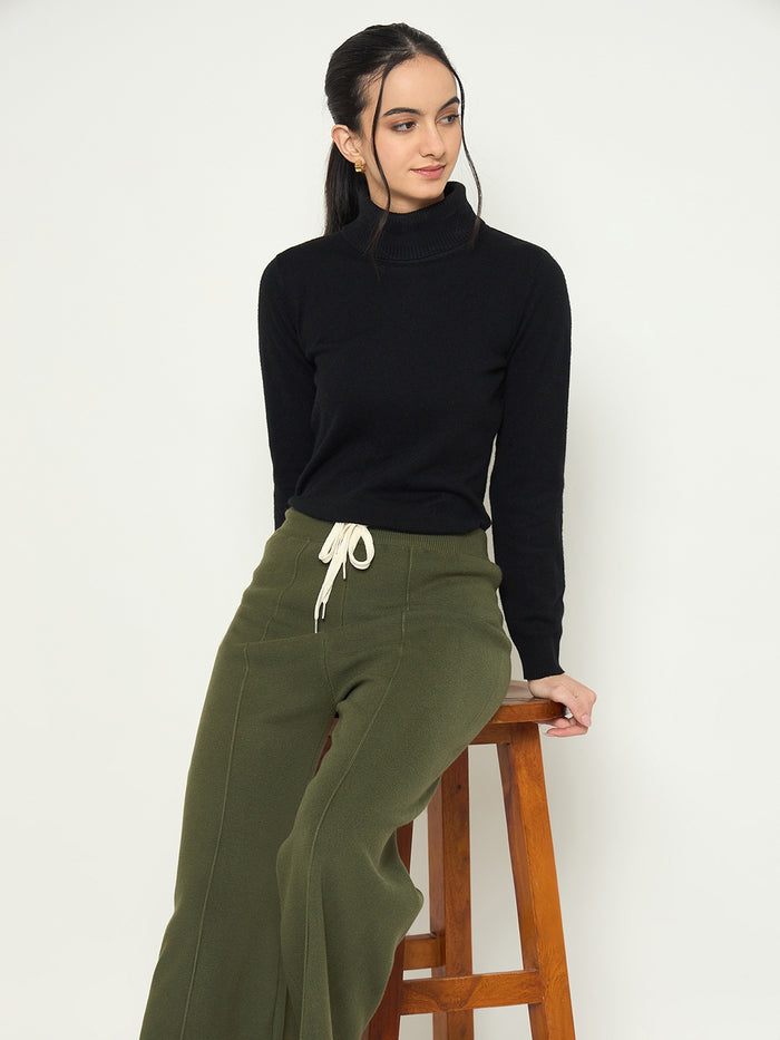 Madame Olive Green Wide Leg Wool Trousers