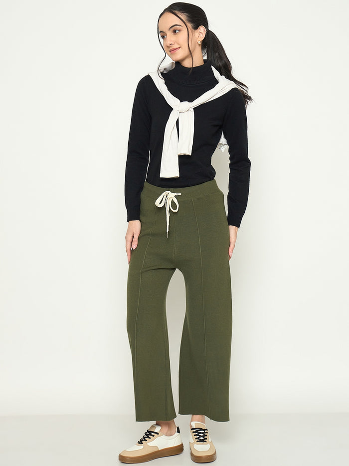 Madame Olive Green Wide Leg Wool Trousers