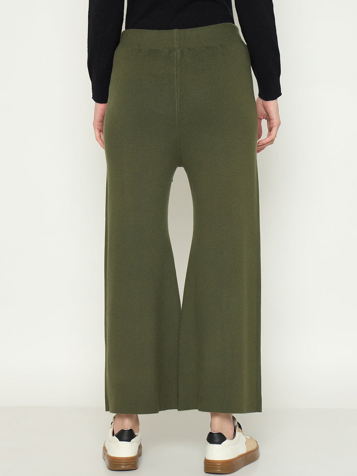 Madame Olive Green Wide Leg Wool Trousers
