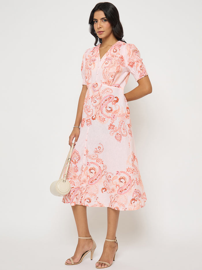 Madame Paisley Print Peach Midi A Line Dress