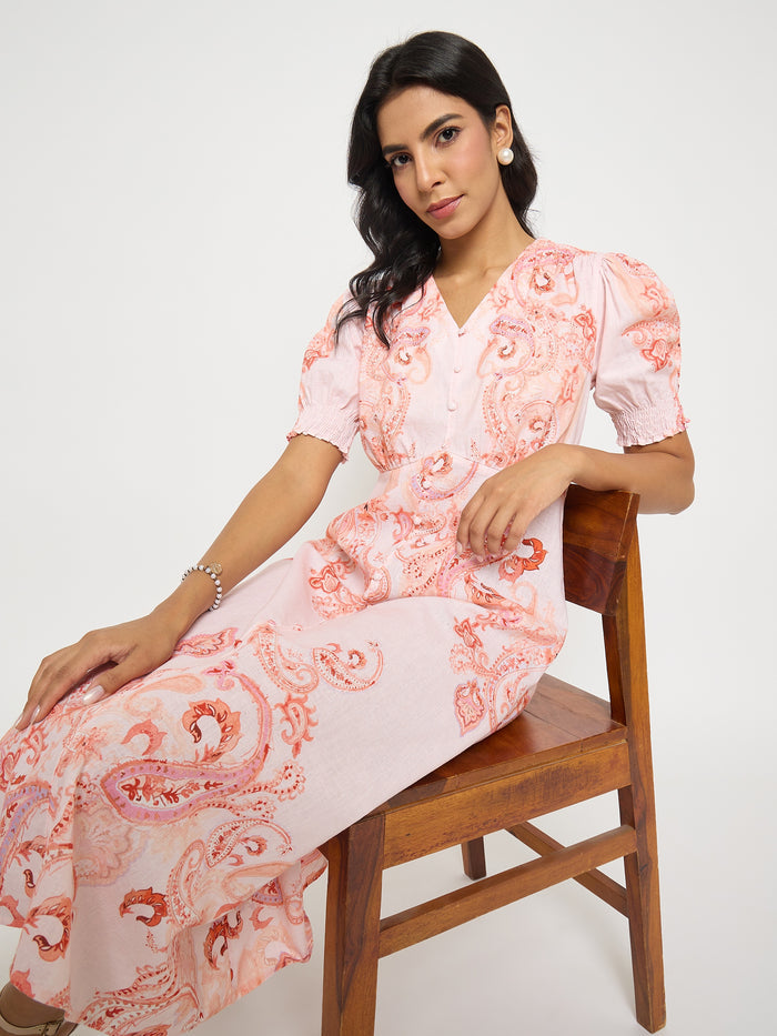 Madame Paisley Print Peach Midi A Line Dress