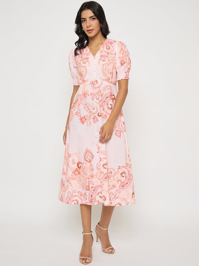 Madame Paisley Print Peach Midi A Line Dress