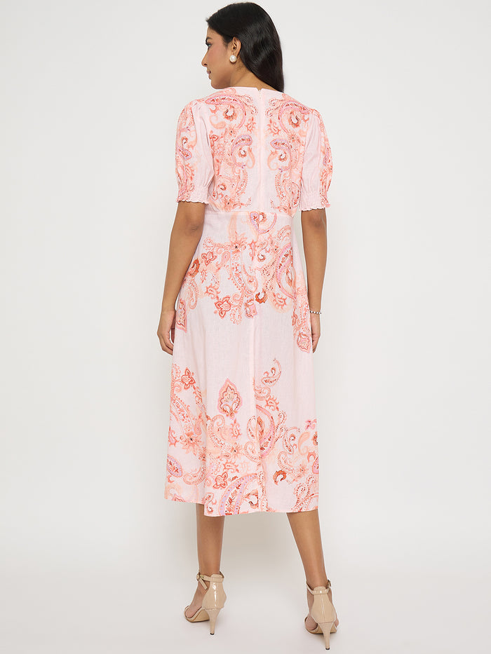 Madame Paisley Print Peach Midi A Line Dress