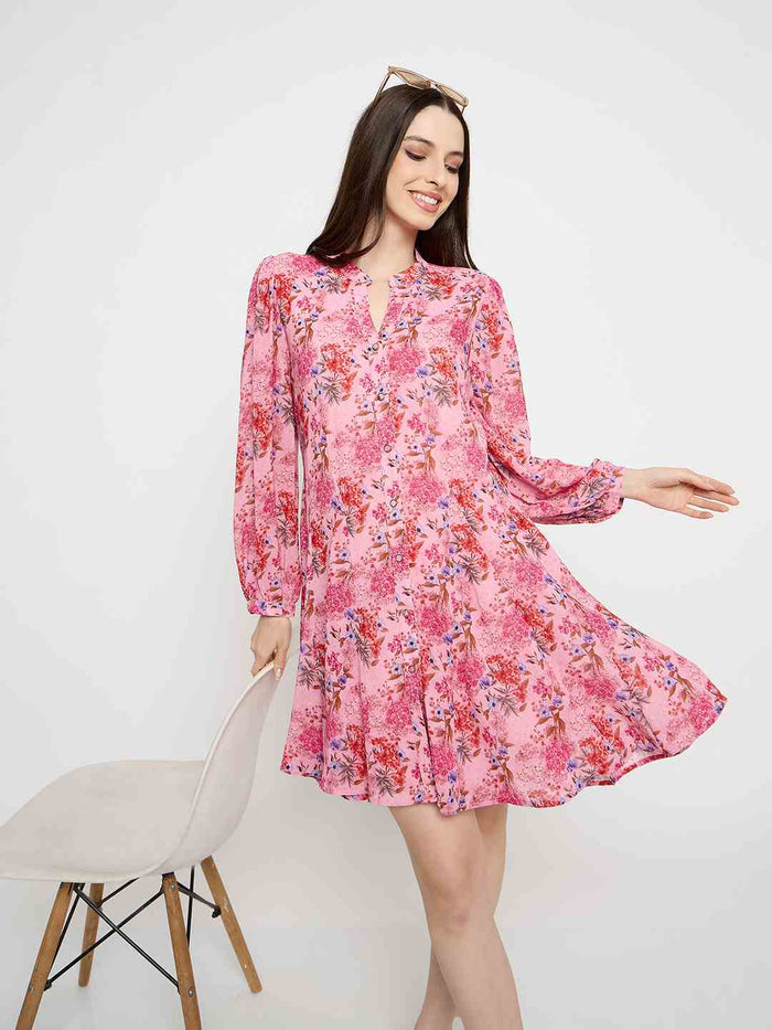 Madame Pleated Floral Pink Mini Shirt Dress