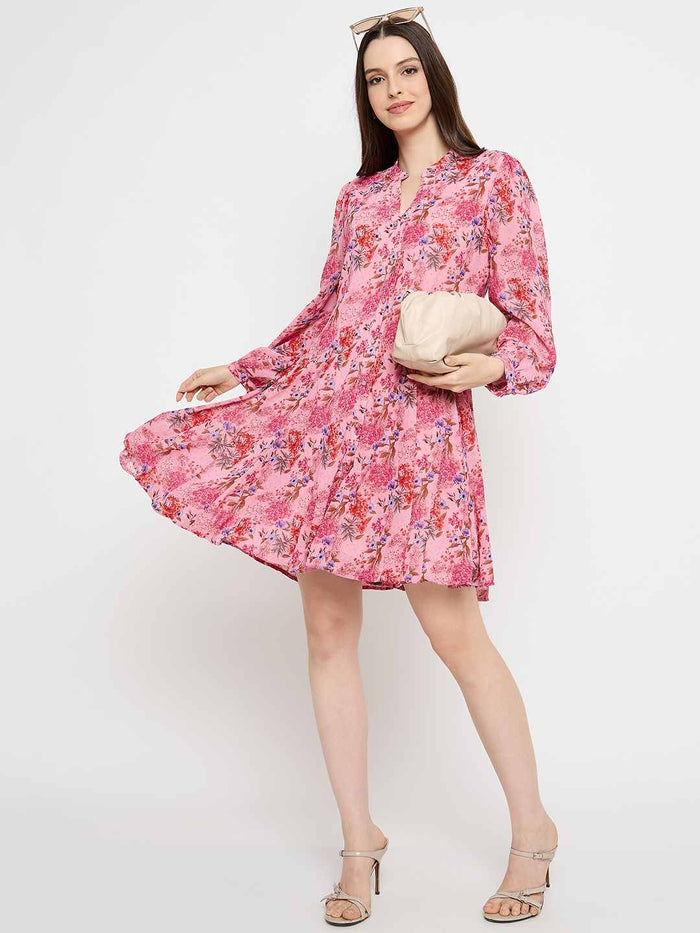 Madame Pleated Floral Pink Mini Shirt Dress