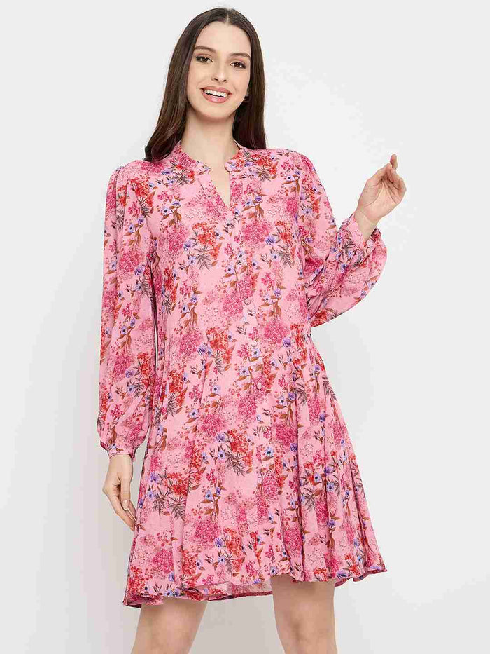 Madame Pleated Floral Pink Mini Shirt Dress