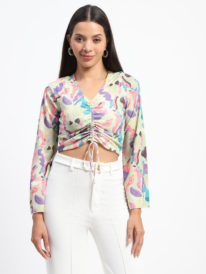 Madame Ruched Abstract Print Bell Sleeves Lilac Crop Top