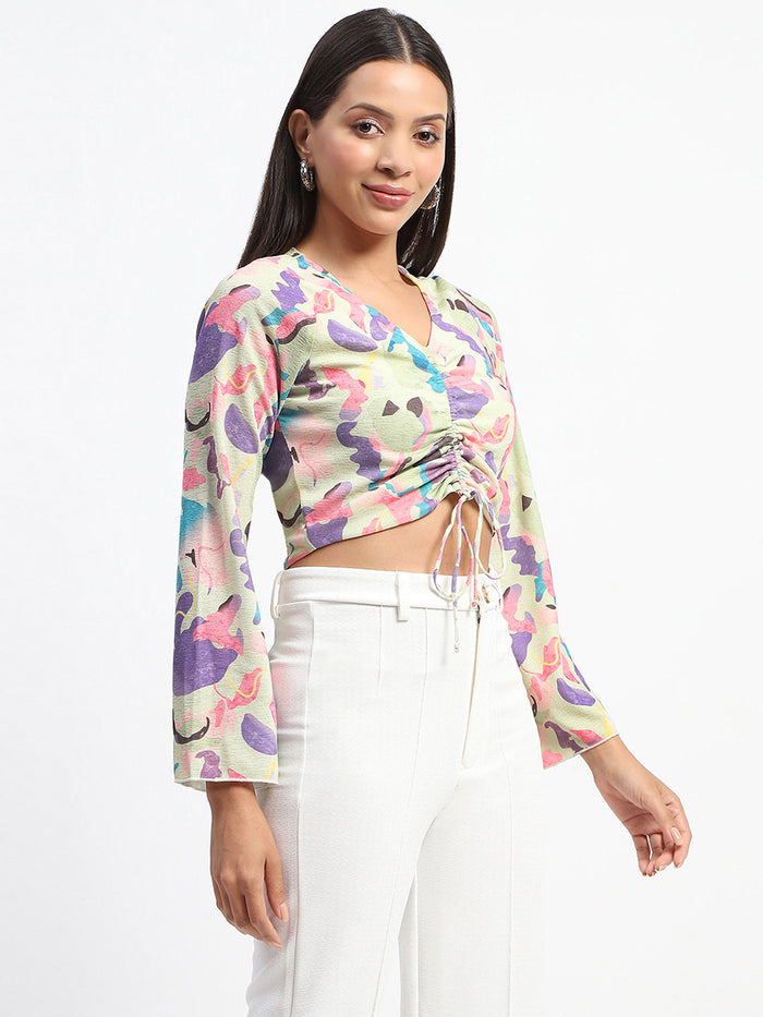 Madame Ruched Abstract Print Bell Sleeves Lilac Crop Top