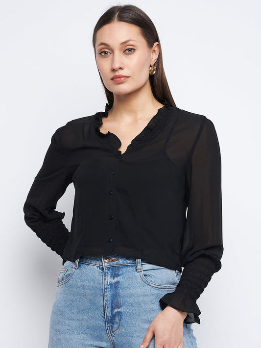 Madame Ruched Black Poet Sleeve Top