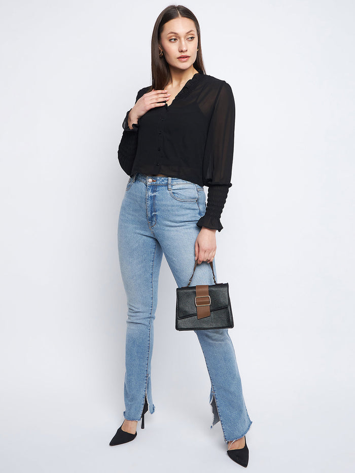 Madame Ruched Black Poet Sleeve Top