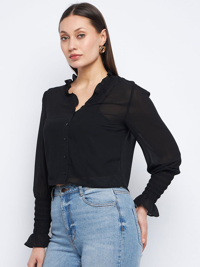 Madame Ruched Black Poet Sleeve Top