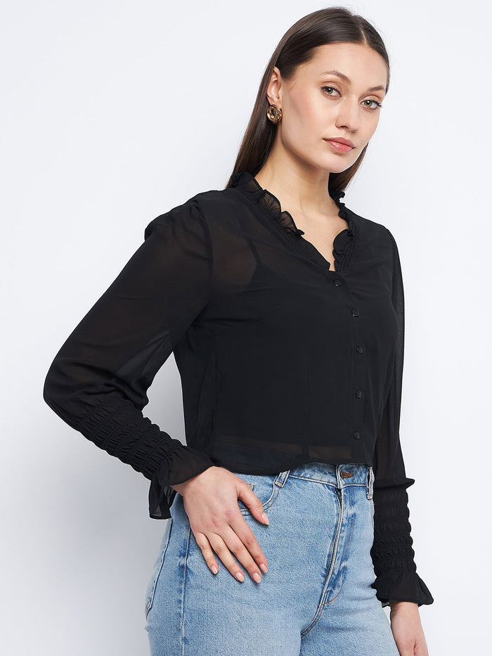 Madame Ruched Black Poet Sleeve Top
