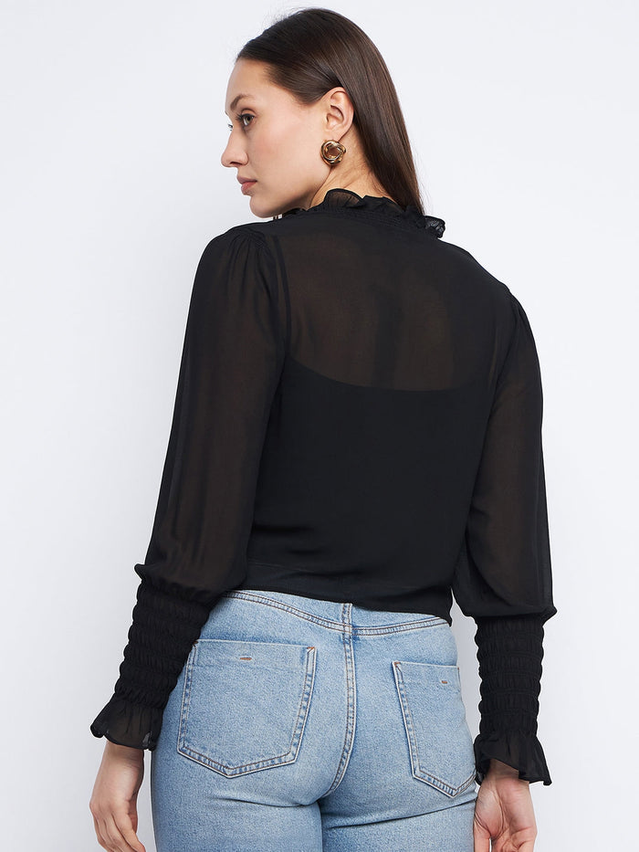 Madame Ruched Black Poet Sleeve Top