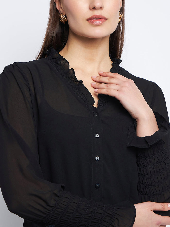 Madame Ruched Black Poet Sleeve Top