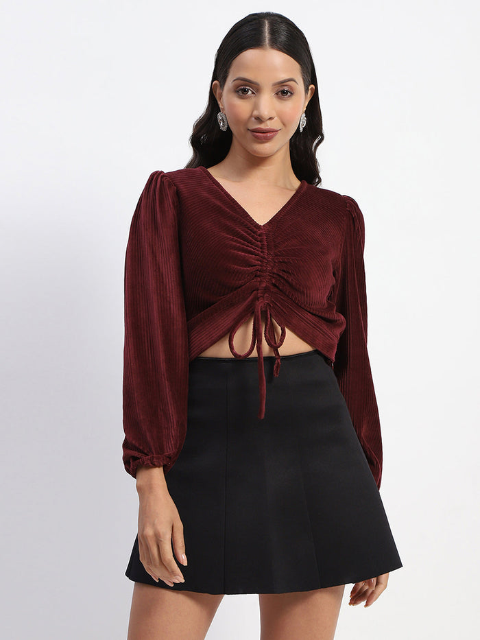 Madame Ruched V Neck Puff Sleeve Velvet Crop Top