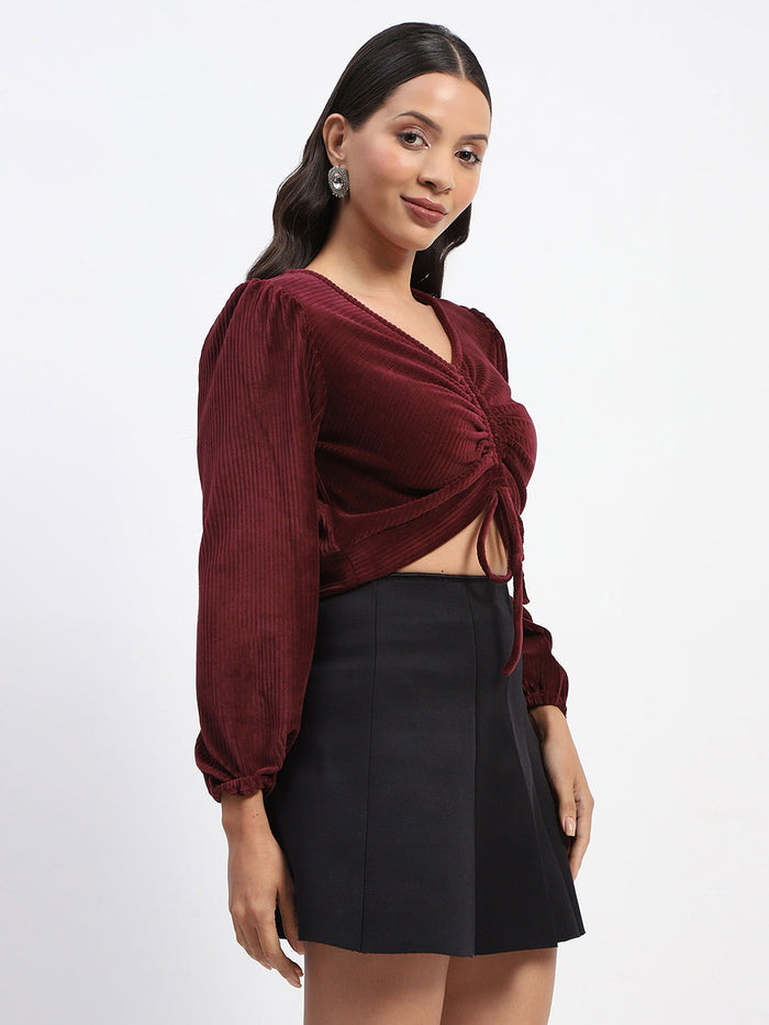 Madame Ruched V Neck Puff Sleeve Velvet Crop Top