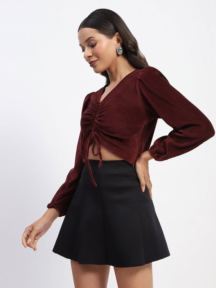 Madame Ruched V Neck Puff Sleeve Velvet Crop Top