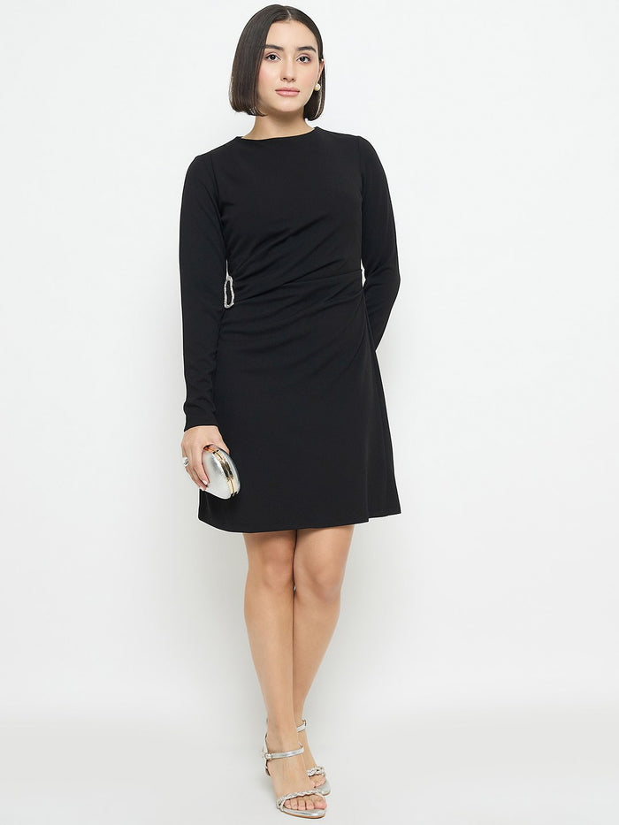 Madame Side Buckle Detail Black Mini Dress