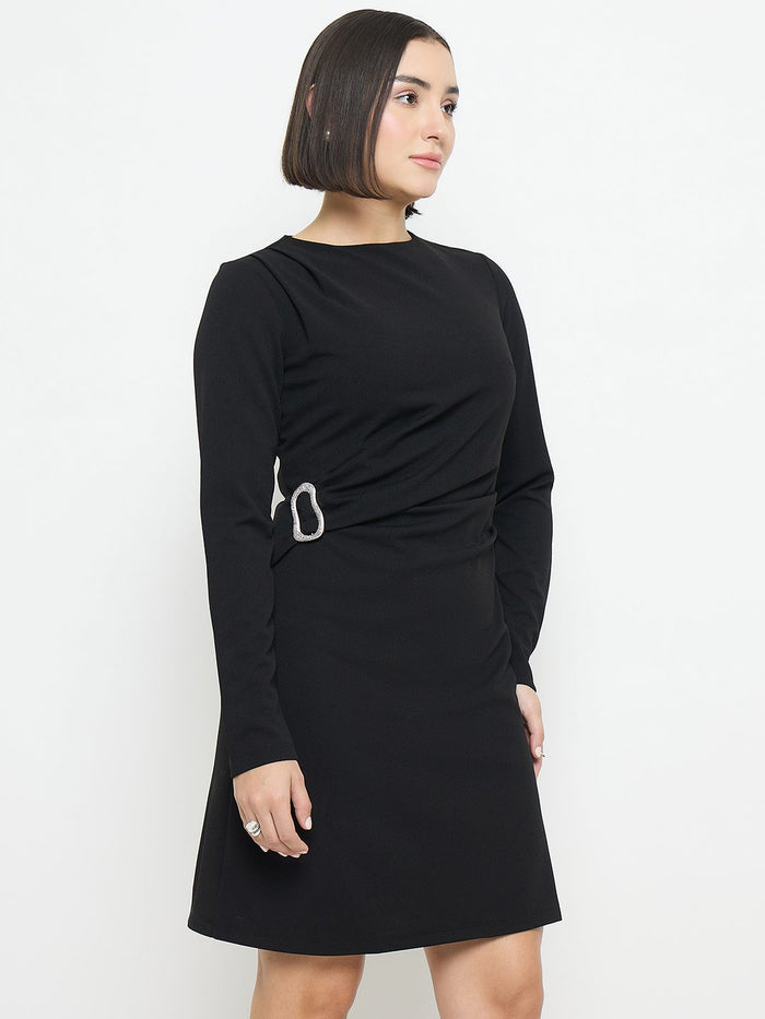 Madame Side Buckle Detail Black Mini Dress