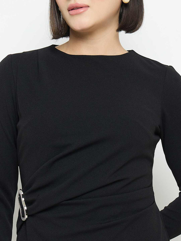 Madame Side Buckle Detail Black Mini Dress