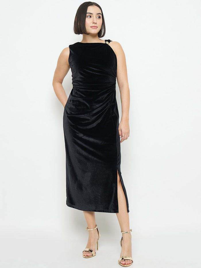 Madame Side Ruched Midi Black Sheath Dress