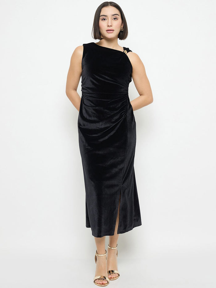 Madame Side Ruched Midi Black Sheath Dress