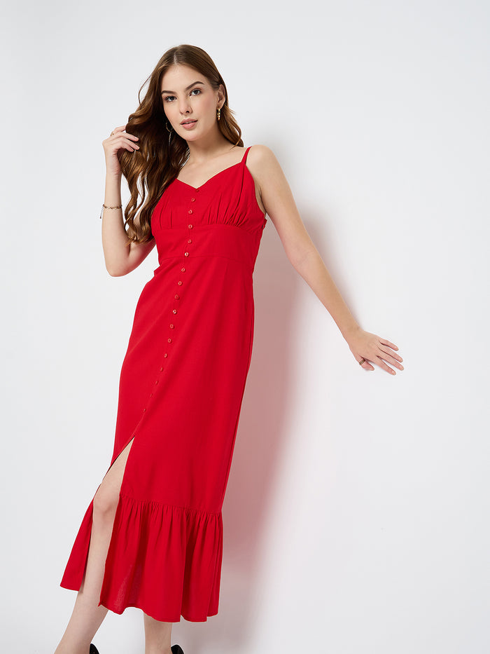 Madame Sleeveless Tiered Red Maxi Rayon Dress