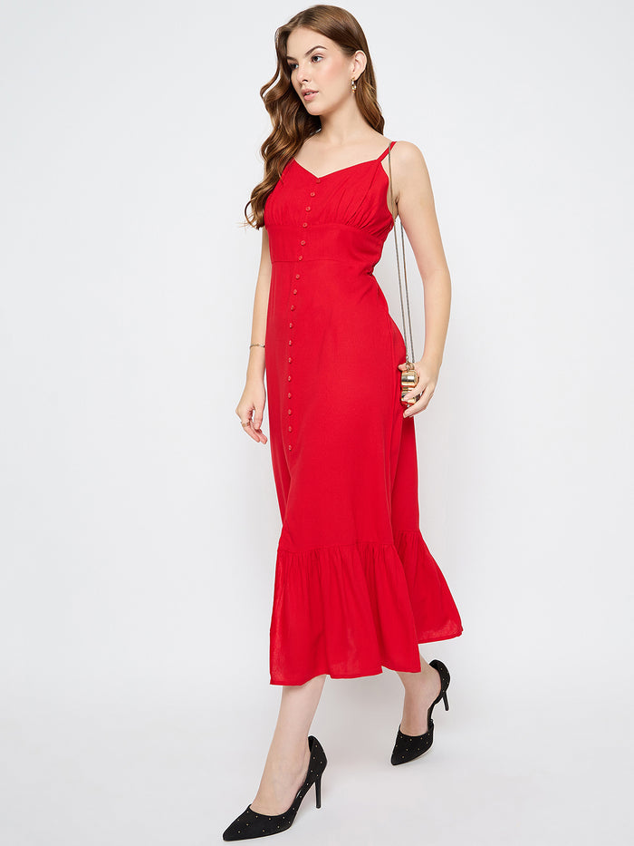 Madame Sleeveless Tiered Red Maxi Rayon Dress