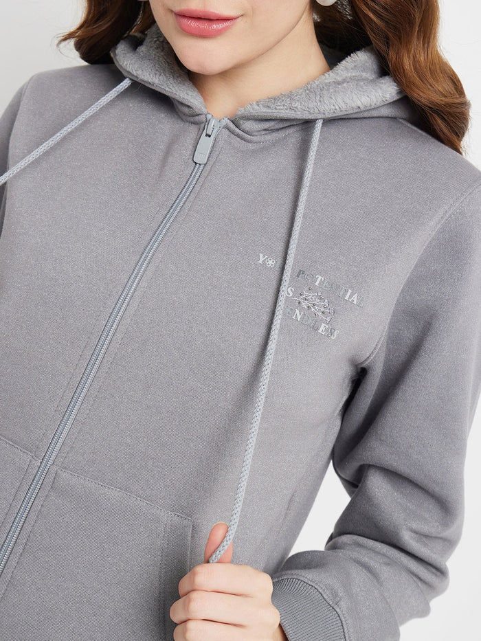 Madame Solid Grey Hooded Sweatshirt