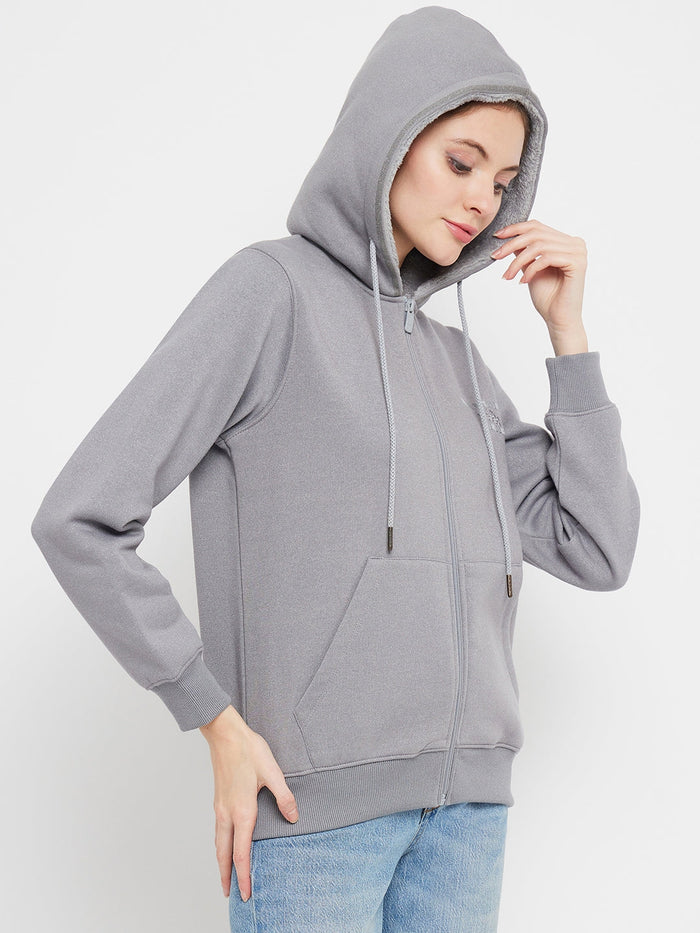 Madame Solid Grey Hooded Sweatshirt