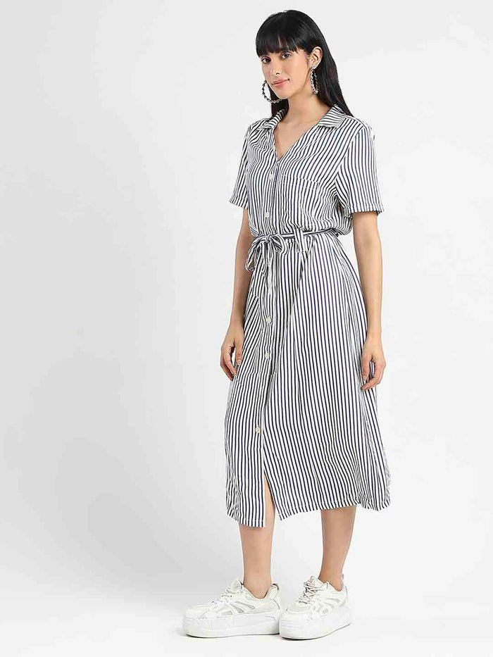 Madame Striped Navy Blue Midi Shirt Dress