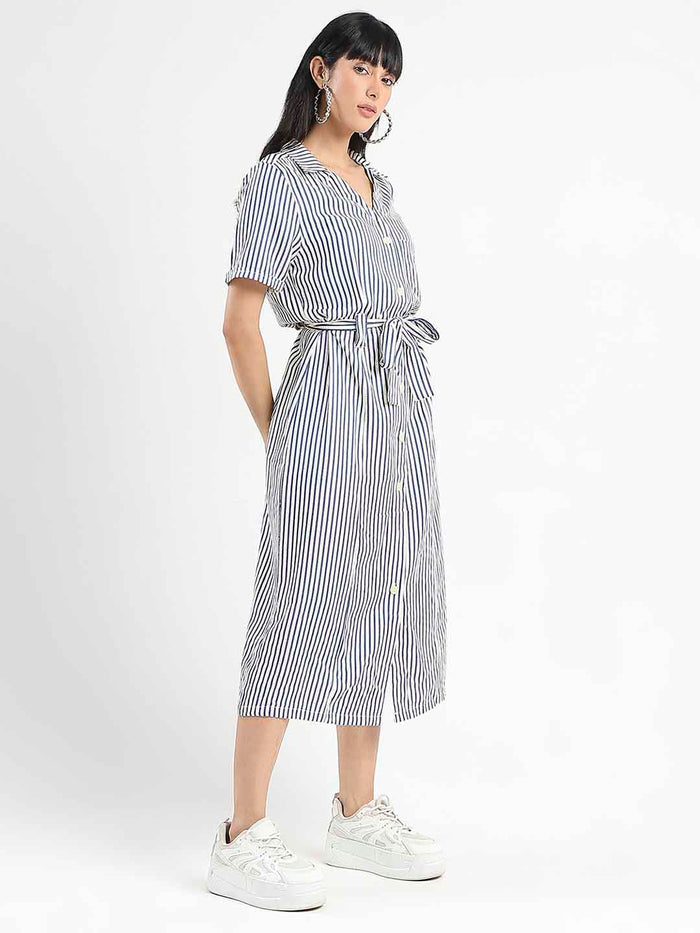 Madame Striped Navy Blue Midi Shirt Dress