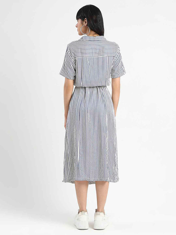 Madame Striped Navy Blue Midi Shirt Dress