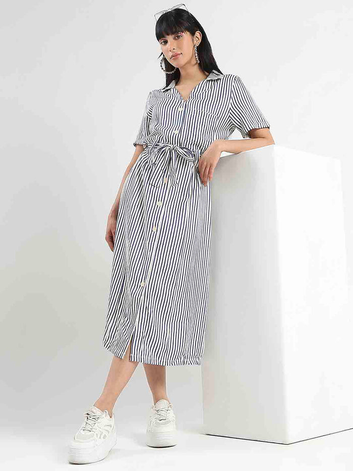 Madame Striped Navy Blue Midi Shirt Dress