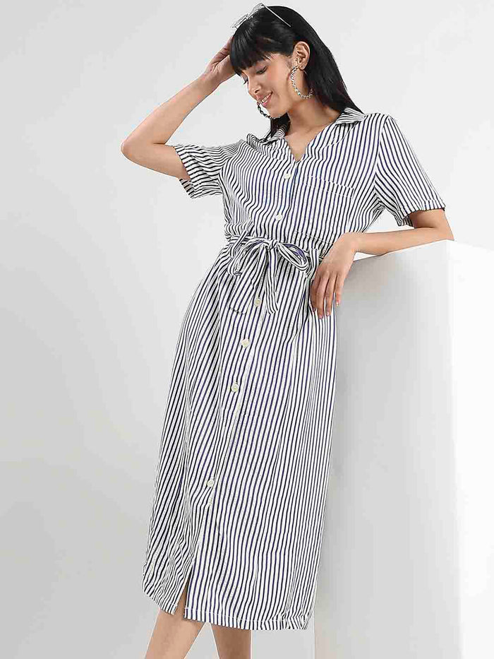 Madame Striped Navy Blue Midi Shirt Dress