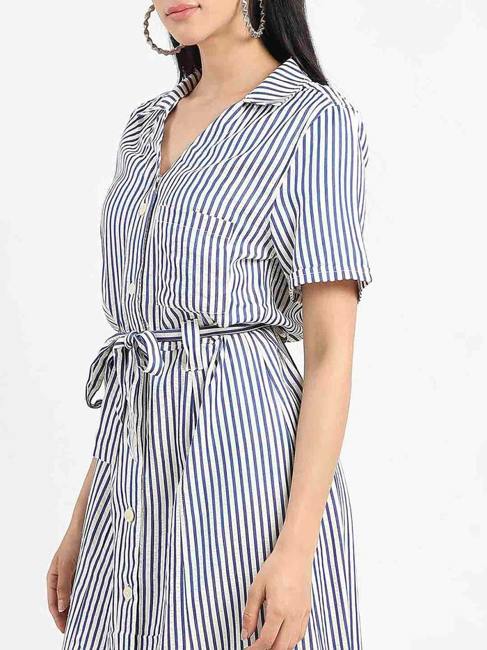 Madame Striped Navy Blue Midi Shirt Dress