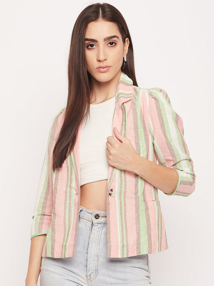 Madame Striped Peach Lapel Collar Blazer